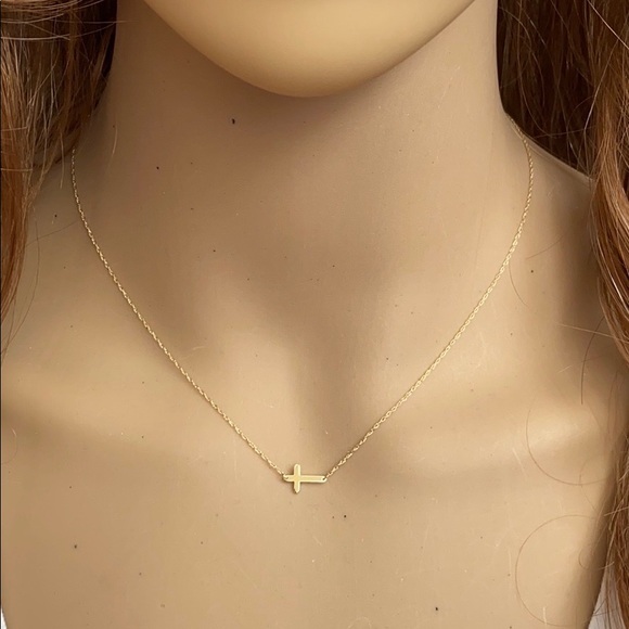 14K Solid Yellow Gold Mini Sideways Cross Necklace - Picture 7 of 7